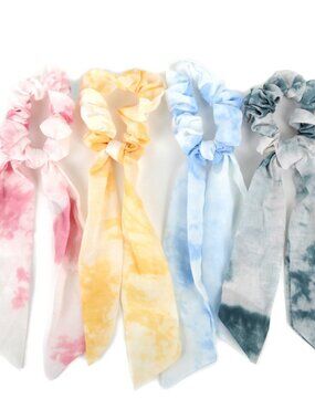 Nollia 4 Sets Tie Dye Print Scrunchies With Matching Hair Ties, Sheer Fabric